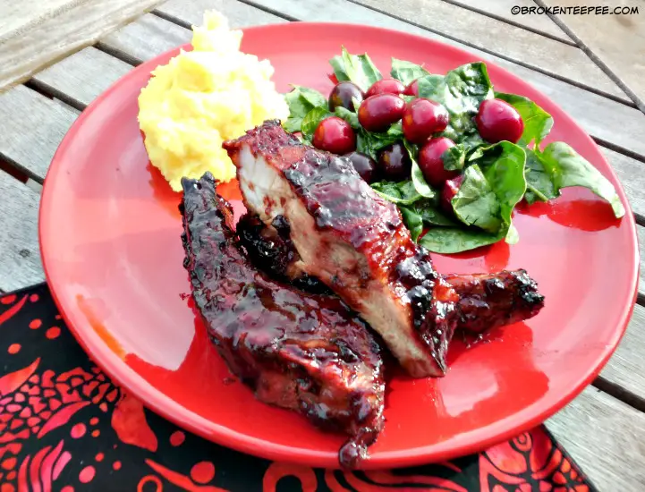 Grilled Ribs with Dr. Pepper Cherry Barbecue Sauce, spinach salad with cherries, tumeric and mustard mashed potatoes, #ShareFunshine, #CollectiveBias, #sponsored