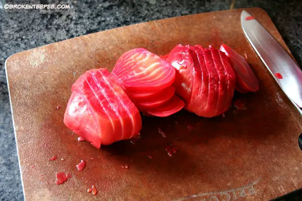 sliced, cooked beets for freezing
