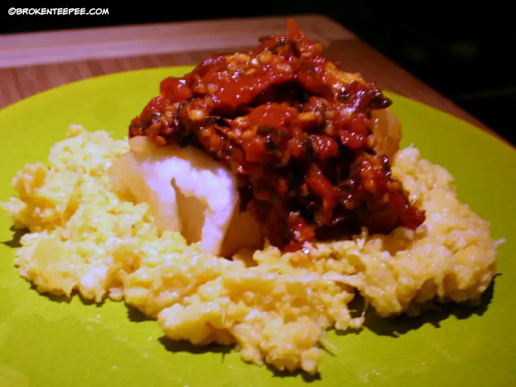 pan seared chilean sea bass with mashed cauliflower and roasted tomatoes
