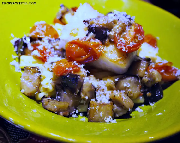 Chilean Sea Bass with Roasted Eggplant and Tomatoes on Penne Alfredo, Chilean Sea Bass Recipe, Chilean sea bass