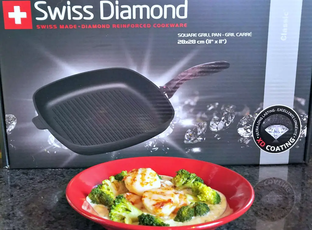 Grilled Scallops recipe,, grilled scallops on Thyme Creamed Corn with Broccoli, Swiss Diamond, AD