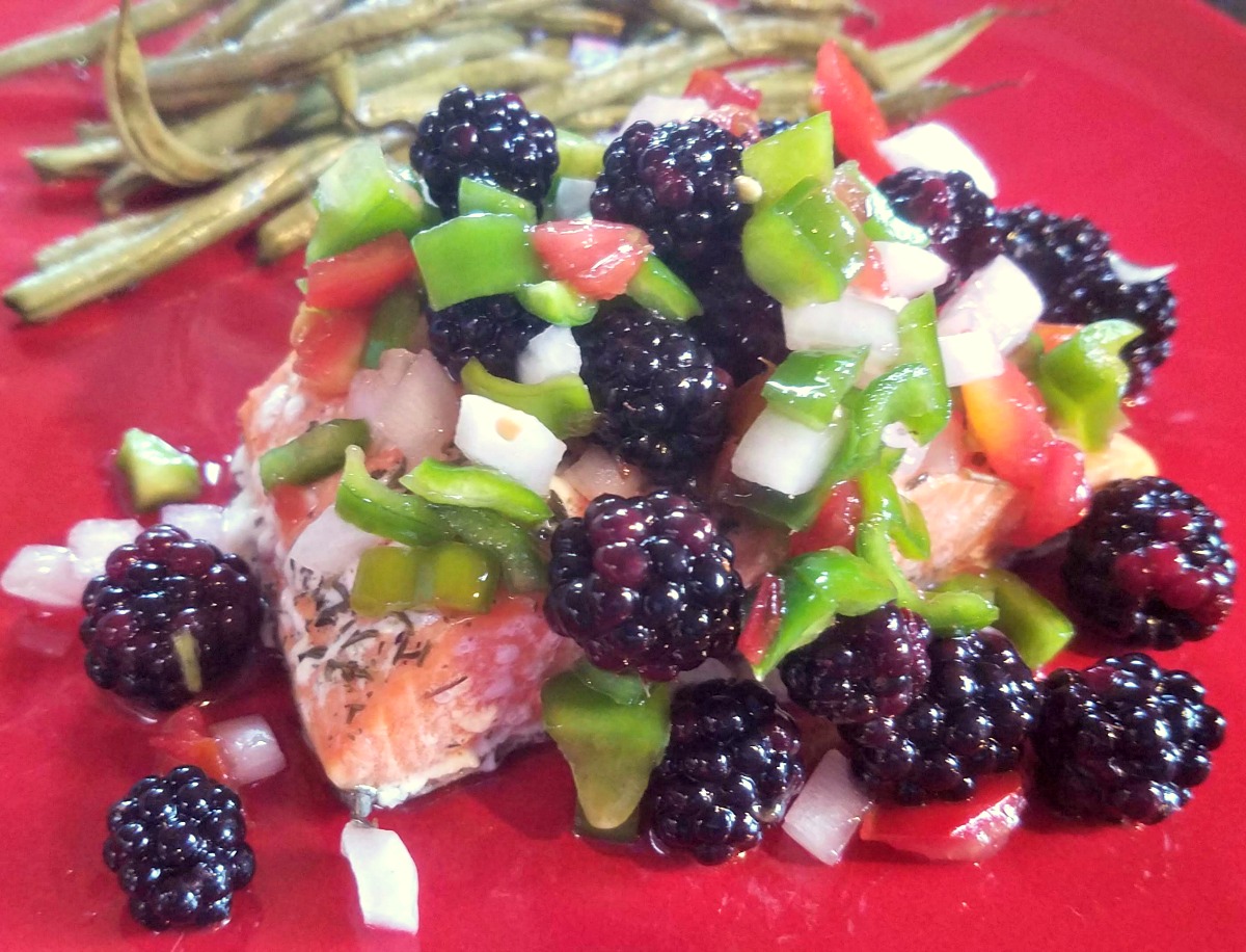 blackberry recipes, salmon en papillote with blackberry honey salsa, blackberry salsa, 30 minute dinner, salmon dinner