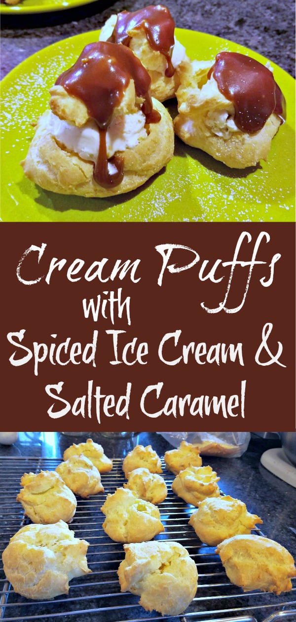cream puff recipe, cream puffs with spiced ice cream and salted caramel, cream puffs with ice cream, ice cream choux pastry