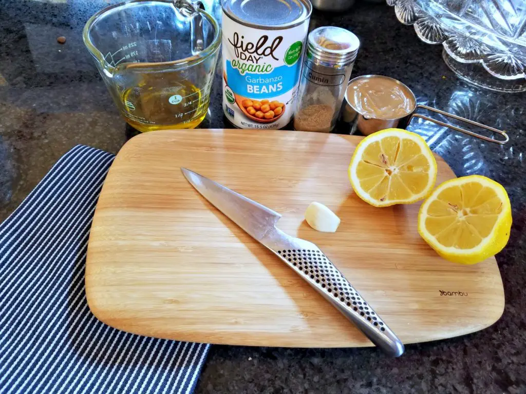 bamboo cutting board from Bambu, ingredients for hummus, Ad