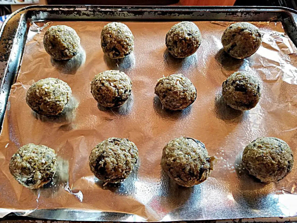 eggplant meatballs on cookie sheet