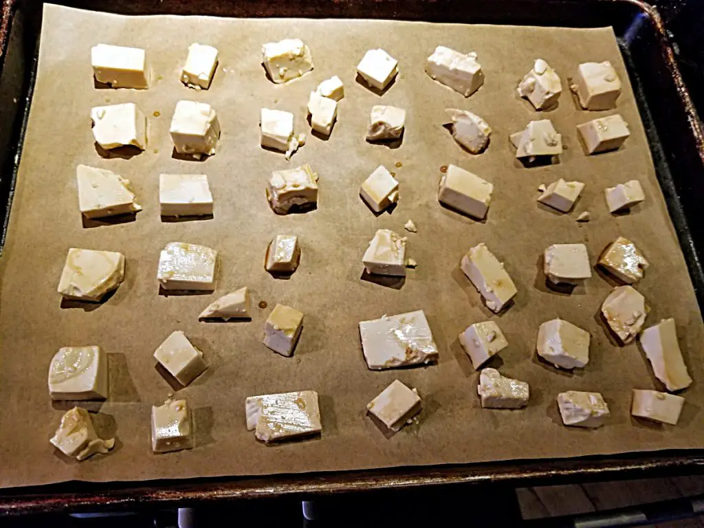 tofu cubes on baking sheet