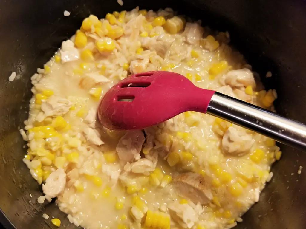 add chicken, corn and cheese