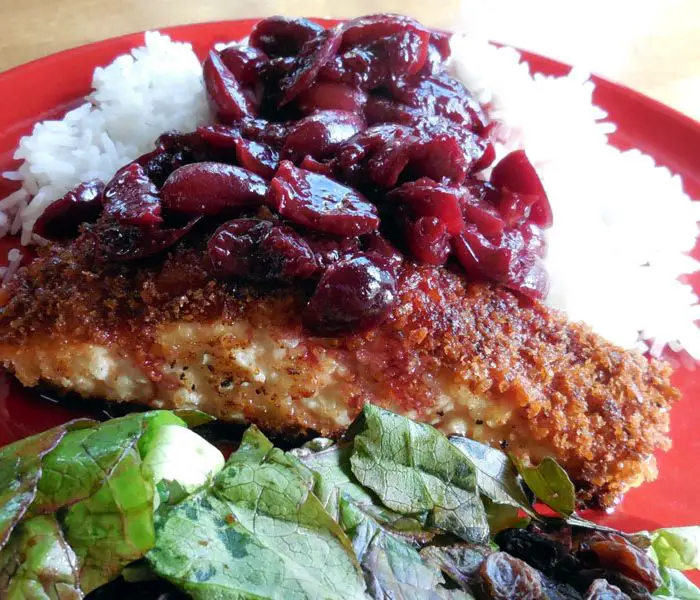 Salmon with Red Wine Cherry Sauce and a Pork Chop Alternative