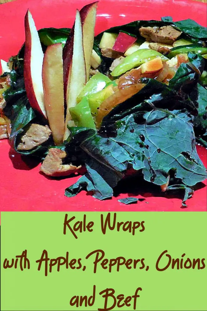 kale wraps with onions, apples, peppers and beef