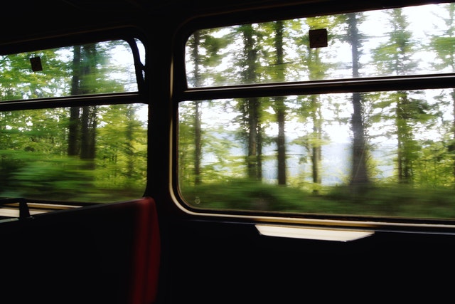 out the window of a train
